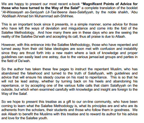 Magnificent Points of Advice for those who have turned to the Way of the Salaf