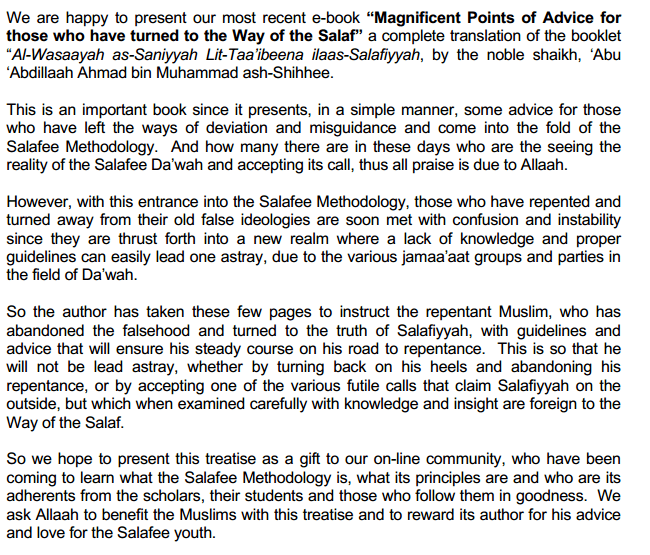 Magnificent Points of Advice for those who have turned to the Way of the Salaf